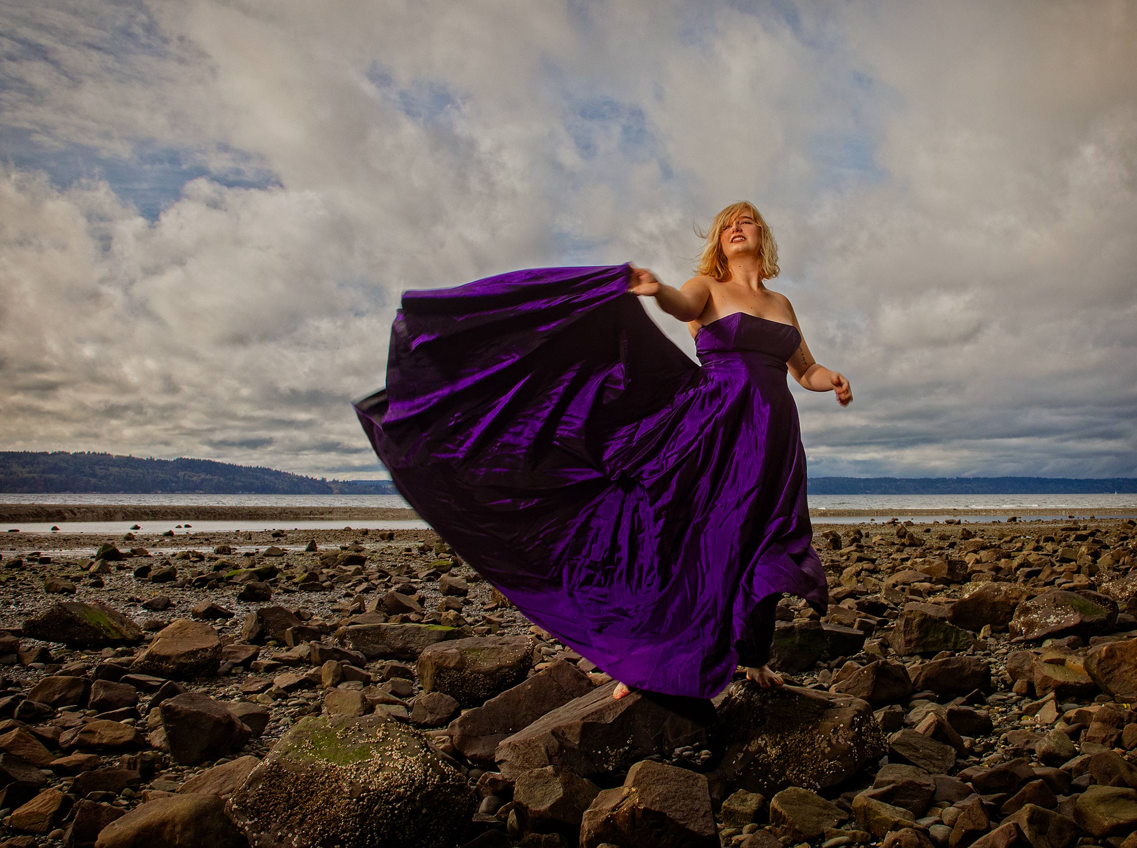 Girl gown beach portrait